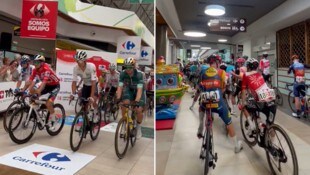 Radprofis starteten die sechste Etappe in einem Supermarkt.