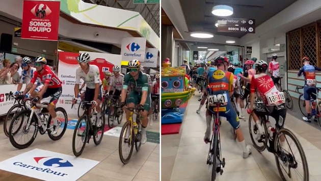 Professional cyclists started the sixth stage in a supermarket. (Bild: twitter.com)