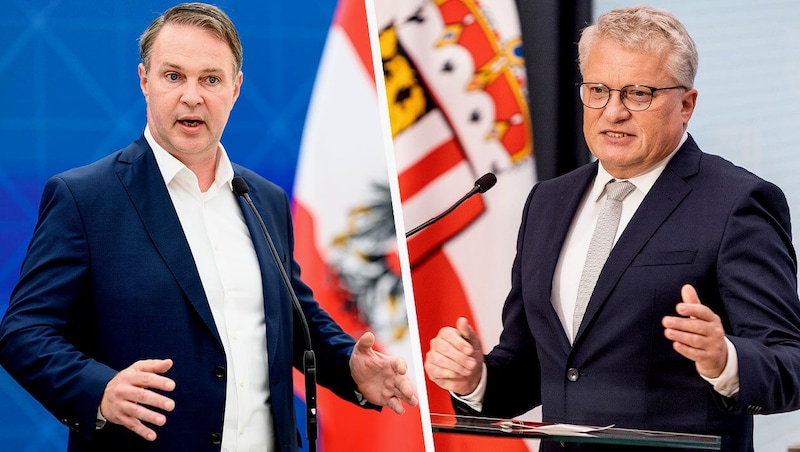 First the social welfare disaster, then the scandal in Linz surrounding Mayor Klaus Luger, who was exposed as a liar. The SPÖ leader (left) is under pressure. (Bild: Krone KREATIV/APA/FOTOKERSCHI.AT/ANTONIO BAYER; APA/MAX SLOVENCIK;,)