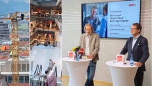 Das Gewerbe und Handwerk sowie der Handel leiden, wie nun Dietmar Hernegger und Martin Wetscher (v. li.) warnen. (Bild: Christof Birbaumer/Johanna Birbaumer/Krone KREATIV)