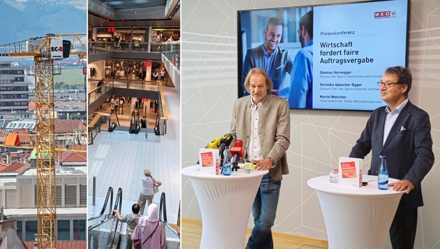 Businesses, trades and retailers are suffering, as Dietmar Hernegger and Martin Wetscher (from left) now warn. (Bild: Christof Birbaumer/Johanna Birbaumer/Krone KREATIV)