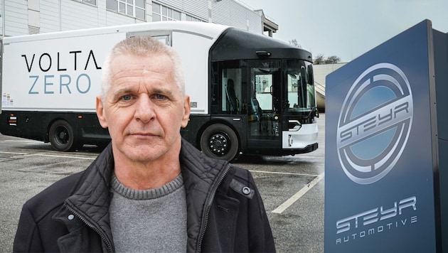 Because Volta is not realizing the planned ramp-up of e-truck production as planned, the signs at Steyr Automotive are once again pointing to job cuts. This also hurts the head of the workers' works council, Helmut Emler. (Bild: Krone KREATIV/Markus Wenzel (3))