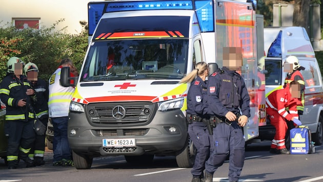 Feuerwehr, Polizei und Rettungskräfte am Einsatzort in Wels (Bild: Matthias Lauber/laumat.at/laumat, Krone KREATIV)