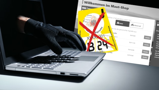 Internet fraudsters are currently using a brazen scam to get their (vignette) money. (Bild: Stock Adobe, Asfinag, Krone KREATIV)