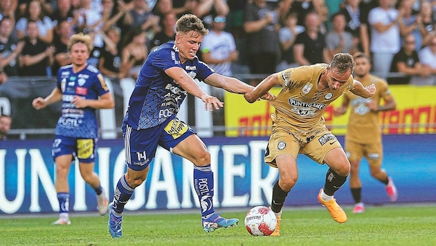 Lovro Zvonarek (re.) hat gegen Altach seinen privaten „Fanclub“ im Stadion dabei. (Bild: GEPA/GEPA pictures)