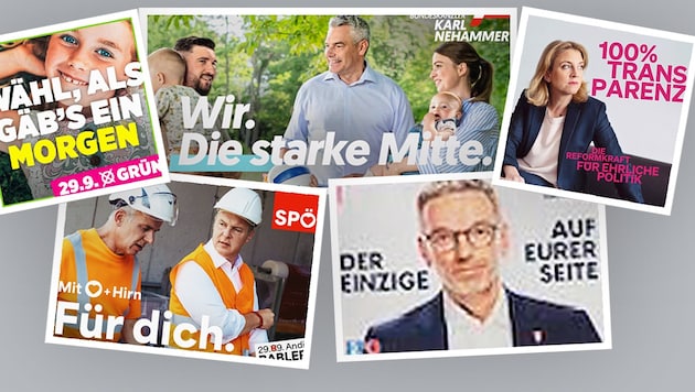 So richtig grobe Fehler gab es bei keiner der Parteien, immer wieder passierten aber Wahlkampf-Hoppalas. (Bild: Krone KREATIV/Neos, SPÖ, FPÖ, Grüne, ÖVP)