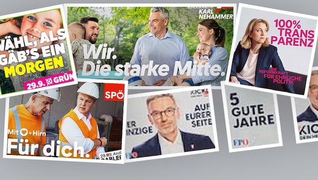 Once again in the forest of election posters (Bild: Krone KREATIV/Neos, SPÖ, FPÖ, Grüne, ÖVP)