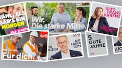 Plakate für die Parlamentswahl im Vorjahr. Alles Schall und Rauch. (Bild: Krone KREATIV/Neos, SPÖ, FPÖ, Grüne, ÖVP)