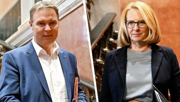 Geht es nach Wiens Bürgermeister, dann hat SPÖ-Chef Babler nicht allein die Führung bei den aktuellen Regierungsverhandlungen haben, sondern Doris Bures (rechts) soll sich „stark einbringen“. (Bild: Krone KREATIV/APA/Helmut Fohringer)