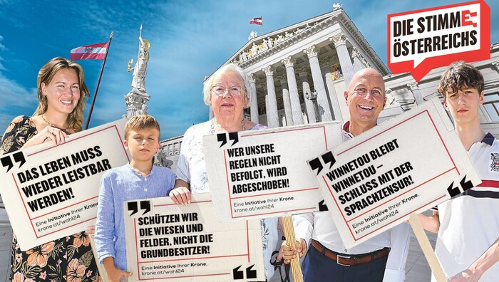 Fünf Österreicher – von Schulkind bis Pensionist – vor dem Parlament. Die „Krone“ will ihren ...
