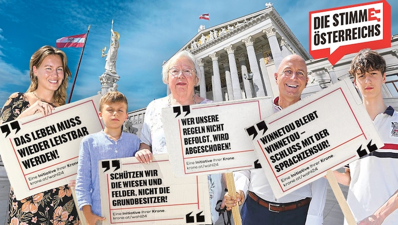 Fünf Österreicher – von Schulkind bis Pensionist – vor dem Parlament. Die „Krone“ will ihren Anliegen Gehör verschaffen. (Bild: Krone KREATIV/www.picturedesk.com/ROLAND SCHLAGER / APA / picturedesk.com)