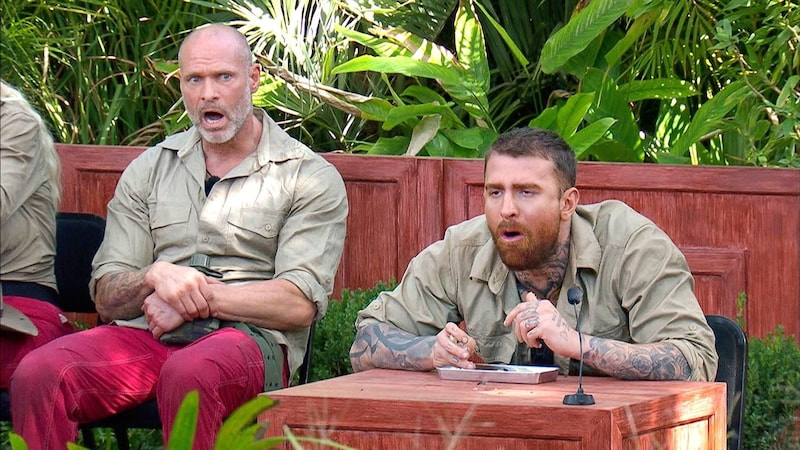 Gigi (right) during the food test - he had to eat a tarantula. Even Thorsten Legat is amazed! (Bild: RTL)