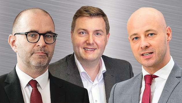 They have a common goal, but only one can become it: Dietmar Prammer (from left) from the SPÖ wants to become the head of Linz, as do Michael Raml (FPÖ) and Martin Hajart (ÖVP). (Bild: Krone KREATIV/Kerschbaummayr (2), Einöder)