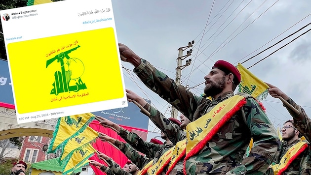 Der Botschafter des Irans in Wien postete die Flagge der Hisbollah auf Twitter. Deren Symbole sind in Österreich verboten. (Bild: AFP/AFP, x.com/BagherpourAbbas)