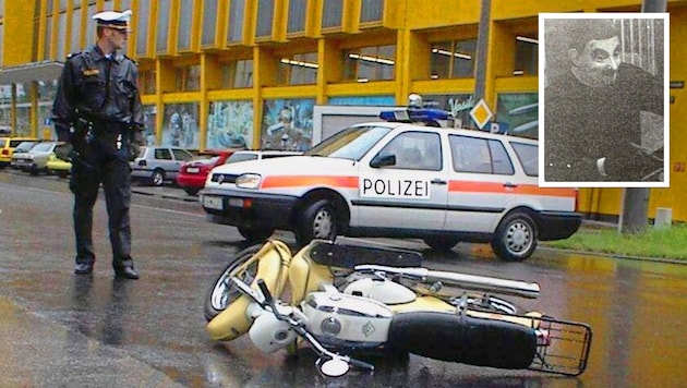 The end of an escape: "Pinocchio", who had previously robbed a Raiffeisen bank in Linz, crashes his moped and hides from the police in a side street. There he is shot dead. (Bild: Krone KREATIV/Altarchiv-Kriegel, Christian Koller)