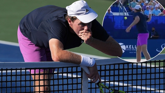 Alex Michelsen wusste sofort, dass er einen Fehler gemacht hatte. (Bild: Getty Images/GRANT HALVERSON, x.com/TheTennisLetter)