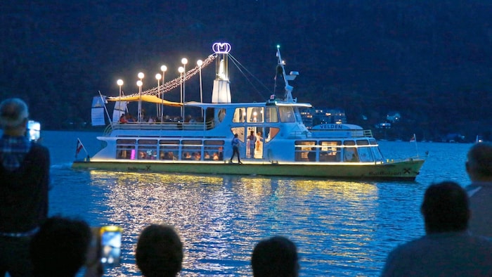 The sister ship "Velden" during the ship procession with the statue of the Virgin Mary on ...