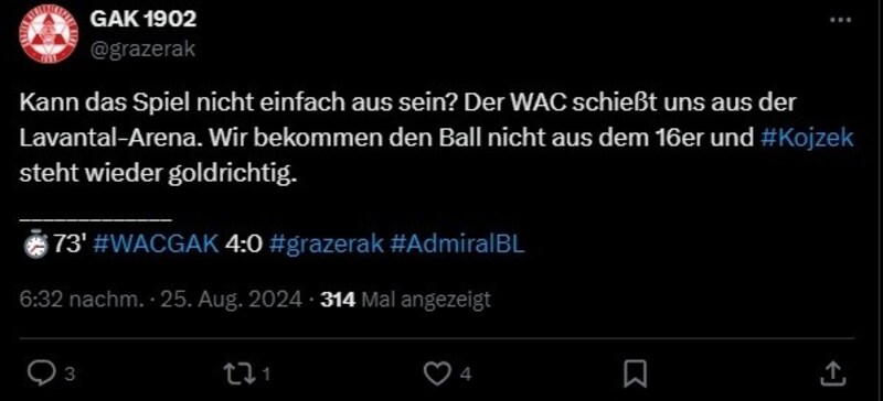 Dieser Post auf Social Media zeigte die ganze Verzweiflung des GAK gegen den WAC. . . (Bild: Pessentheiner)