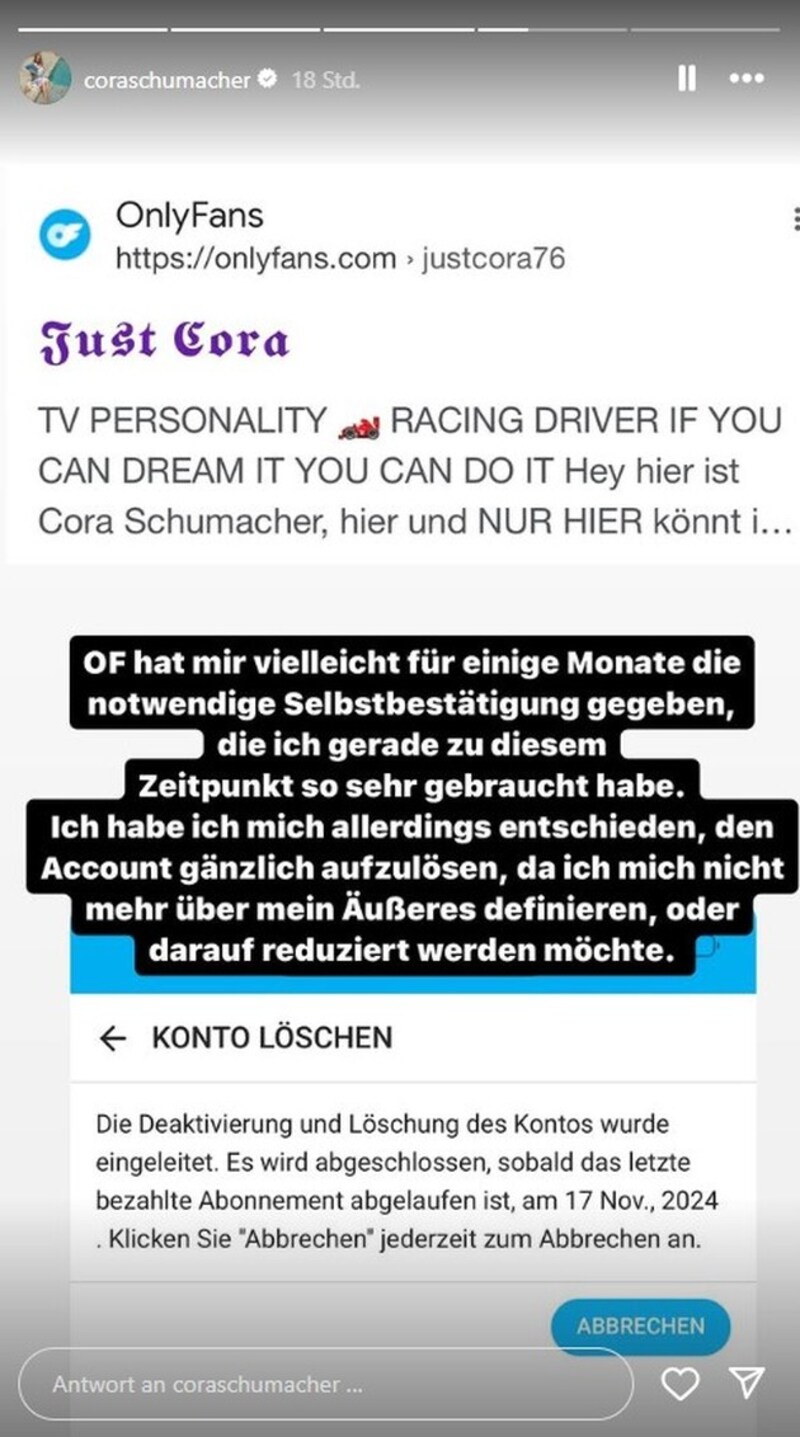 Cora Schumacher spoke about her decision to quit OnlyFans in her Instagram story. (Bild: instagram.com/coraschumacher, Krone KREATIV)