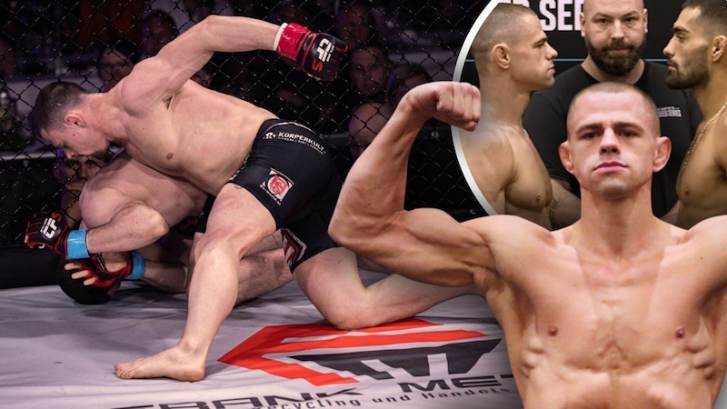 MMA-Fighter Bogdan Grad strahlte bei der finalen Abwaage und Gegenüberstellung mit Aswell (re. hi.) Selbstvertrauen aus. (Bild: Ettl Bros., UFC (2), Krone KREATIV)