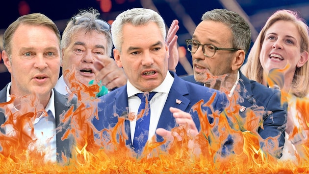 Wurden von der KI „gegrillt“: die Kandidatinnen und Kandidaten zur kommenden Nationalratswahl (Bild: Krone KREATIV/APA/MAX SLOVENCIK, FOTOKERSCHI.AT/WERNER KERSCHBAUMMAYR, GEORG HOCHMUTH, ROLAND SCHLAGER, David Kreuzberg/AddMeshCube – stock.adobe.com)