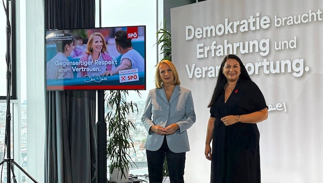 SPÖ Vienna top candidate Doris Bures with SPÖ Vienna provincial party secretary Barbara Novak (pictured right) at the campaign presentation on the roof of the Haus des Meeres (Bild: Michael Pommer)