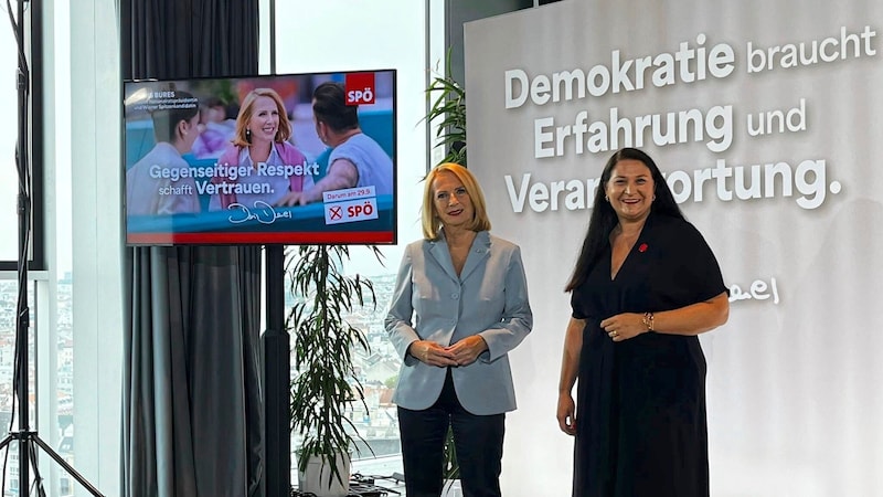 SPÖ-Wien-Spitzenkandidatin Doris Bures mit SPÖ-Wien-Landesparteisekretärin Barbara Novak (im Bild rechts) bei der Kampagnenpräsentation am Dach des Haus des Meeres (Bild: Michael Pommer)