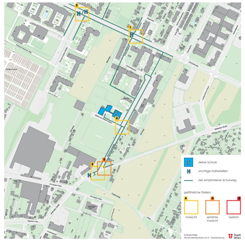 Schulwegplan für die Bertha-von-Suttner-Gasse in der Donaustadt. (Bild: StadtWien/MA 41, AUVA)