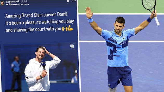 Novak Djokovic (right) thinks of Dominic Thiem. (Bild: Getty Images/APA/Getty Images via AFP/GETTY IMAGES/Luke Hales, Instagram.com/djokernole)