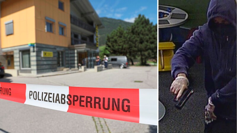 Ein Bild aus der Überwachungskamera zeigt den Täter. Kurz vor 11 Uhr wurde die Bank überfallen. (Bild: Johanna Birbaumer/Polizei Tirol)