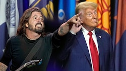 „Was willst du dagegen tun?“, schien Trump zu deuten. Und Dave Grohl zeigte es dem Ex-Präsidenten auf amüsante Weise. (Bild: Krone KREATIV/AP/Eduardo Verdugo, AP/Paul Sancya)