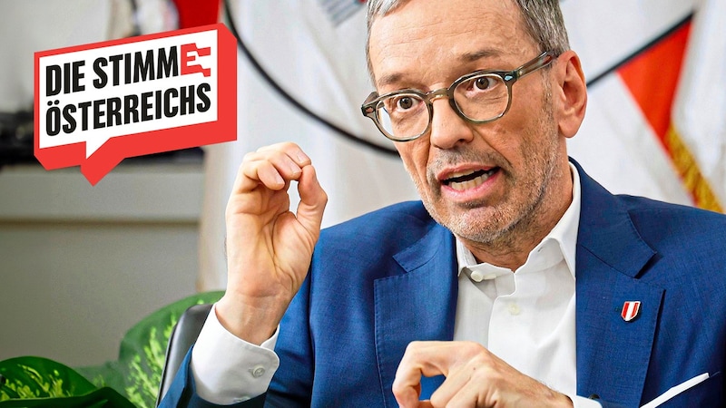 As part of the "Krone" initiative "The Voice of Austria", the FPÖ leader spoke to krone.tv about the issues that concern Austria the most. (Bild: Krone KREATIV/Reinhard Holl, Krone KREATIV)