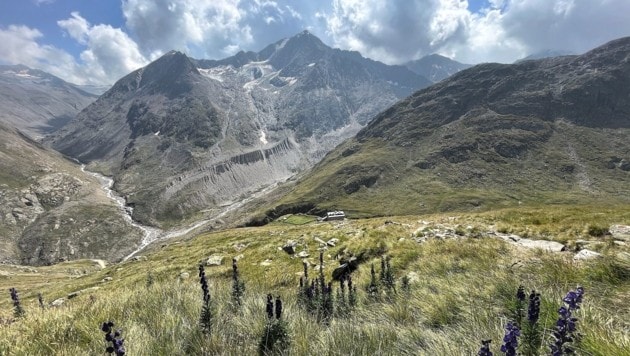 Blick hinunter zur Martin-Busch-Hütte und zur Mutmalspitze mir ihrer mächtigen 1850er Moräne. (Bild: Josef Essl)