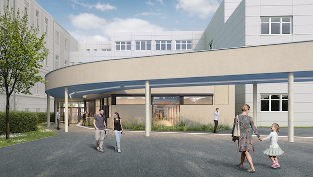 This is what the outpatient clinic and the entrance to the main building should look like when it is completed in mid-2026. (Bild: tg-fotozone Christine Hofer-Lukic)