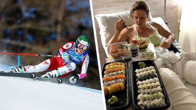 ÖSV skier Elisabeth Kappaurer "celebrated" the fifth anniversary of her nasty training crash on Tuesday with a huge portion of sushi, just like she did back then. (Bild: GEPA Pictures, zVg)