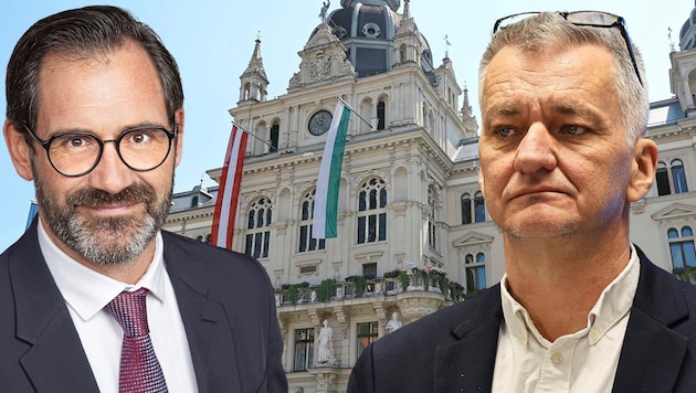 Finance Director Müller (left) and City Councillor Eber prescribe Graz's next austerity package. (Bild: Krone KREATIV/Jauschowetz (2), Foto Fischer)