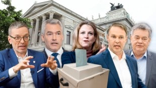 Die erste Duellrunde der Spitzenkandidaten läuft am Donnerstagabend.  (Bild: Krone KREATIV/Kronen Zeitung/APA; Patrick Huber, Martin Jöchl, Georg Hochmuth, Reinhard Holl, Max Slovencik, Eva Manhart)