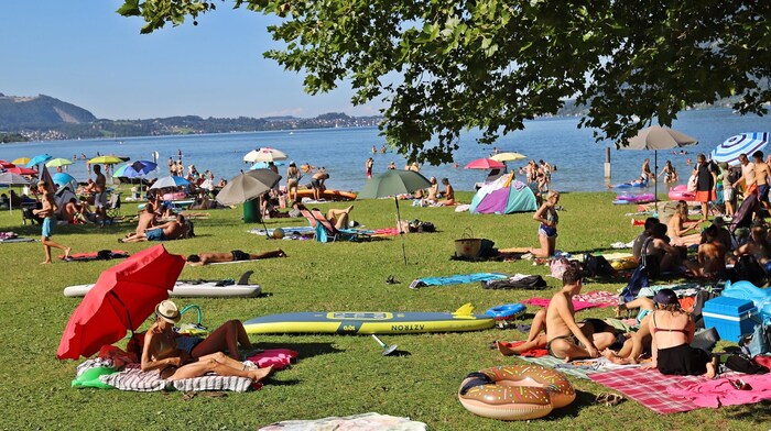 Am Traunsee tummeln sich Badefans auf den Liegewiesen.