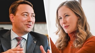 Das wird schwierig: Manfred Haimbuchner will Blau-Schwarz mit einem Bundeskanzler Herbert Kickl. Claudia Plakolm hätte nichts gegen Schwarz-Blau, aber ohne Kickl. (Bild: Krone KREATIV/Harald Dostal, Markus Wenzel)