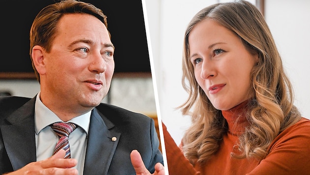 That will be difficult: Manfred Haimbuchner wants a blue-black coalition with a Federal Chancellor Herbert Kickl. Claudia Plakolm would have nothing against black-blue, but without Kickl. (Bild: Krone KREATIV/Harald Dostal, Markus Wenzel)