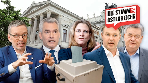 Die Spitzenkandidaten der fünf im Parlament vertretenen Parteien. (Bild: Krone KREATIV/Kronen Zeitung/APA; Patrick Huber, Martin Jöchl, Georg Hochmuth, Reinhard Holl, Max Slovencik, Eva Manhart)