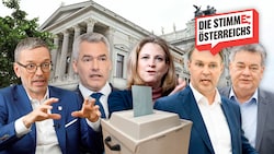 Die Spitzenkandidaten der fünf im Parlament vertretenen Parteien. (Bild: Krone KREATIV/Kronen Zeitung/APA; Patrick Huber, Martin Jöchl, Georg Hochmuth, Reinhard Holl, Max Slovencik, Eva Manhart)