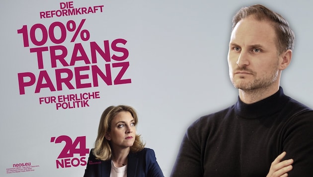 „100% Transparenz“ versprechen die NEOS auf ihren Wahlplakaten – ist dieses Versprechen mit den Aussagen der Kärntner Parteispitze noch zu vereinbaren? (Bild: Krone KREATIV/Plakat: NEOS Foto Politiker: Uta Rojsek-Wiedergut)