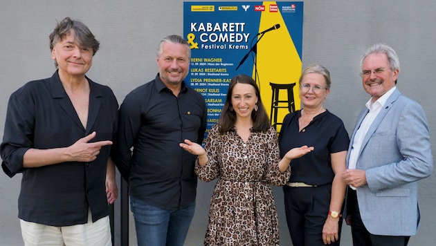 Looking forward to the continuation of the Cabaret &amp; Comedy Festival from September in Krems (from left to right: artistic director Günter Mokesch, mayor Peter Molnar, cabaret artist Lydia Prenner-Kasper, cultural representative GR Elisabeth Kreuzhuber and president of the provincial parliament Karl Wilfing) (Bild: Martin Kalchhauser)