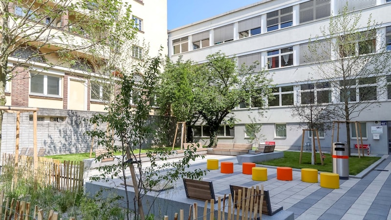 The school forecourt in front of Pfeilgasse: traffic-calmed, greened - and much safer for schoolchildren. (Bild: ©MA28/Christian Fürthner)