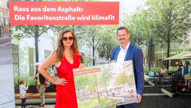 City Councillor Ulli Sima and district leader Marcus Franz (both SPÖ) at the ground-breaking ceremony in the popular shopping street. (Bild: Stadt Wien/Christian Fürthner)