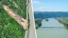 Die Brücke in Mautern wird erst gesperrt. Der Felssturz über der B33 stellt bereits jetzt eine natürliche Barriere dar, die Räumung wird ein Jahr dauern. (Bild: Krone KREATIV/Büro LR Landbauer NÖ Straßendienst)