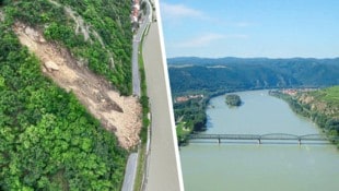 Die Brücke in Mautern wird erst gesperrt. Der Felssturz über der B33 stellt bereits jetzt eine natürliche Barriere dar, die Räumung wird ein Jahr dauern. (Bild: Krone KREATIV/Büro LR Landbauer NÖ Straßendienst)