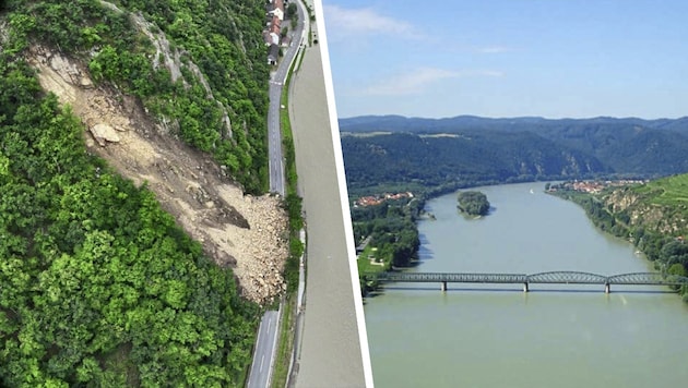 Die Brücke in Mautern wird erst gesperrt. Der Felssturz über der B33 stellt bereits jetzt eine natürliche Barriere dar, die Räumung wird ein Jahr dauern. (Bild: Krone KREATIV/Büro LR Landbauer NÖ Straßendienst)