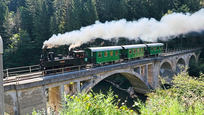 Der nostalgische Zug dampft über ein Viadukt